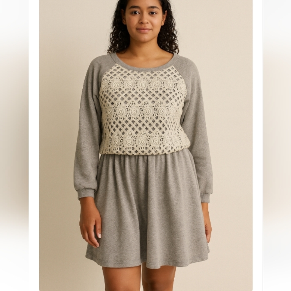 Anthropologie Lil’s Closet Gray & Cream Lace Overlay Dress – Feminine & Cozy
